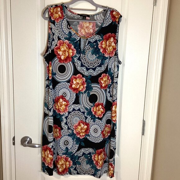 Vintage Espresso Women's Shift Dress Size 1X Floral Circle Pattern Sleeveless - Picture 1 of 7